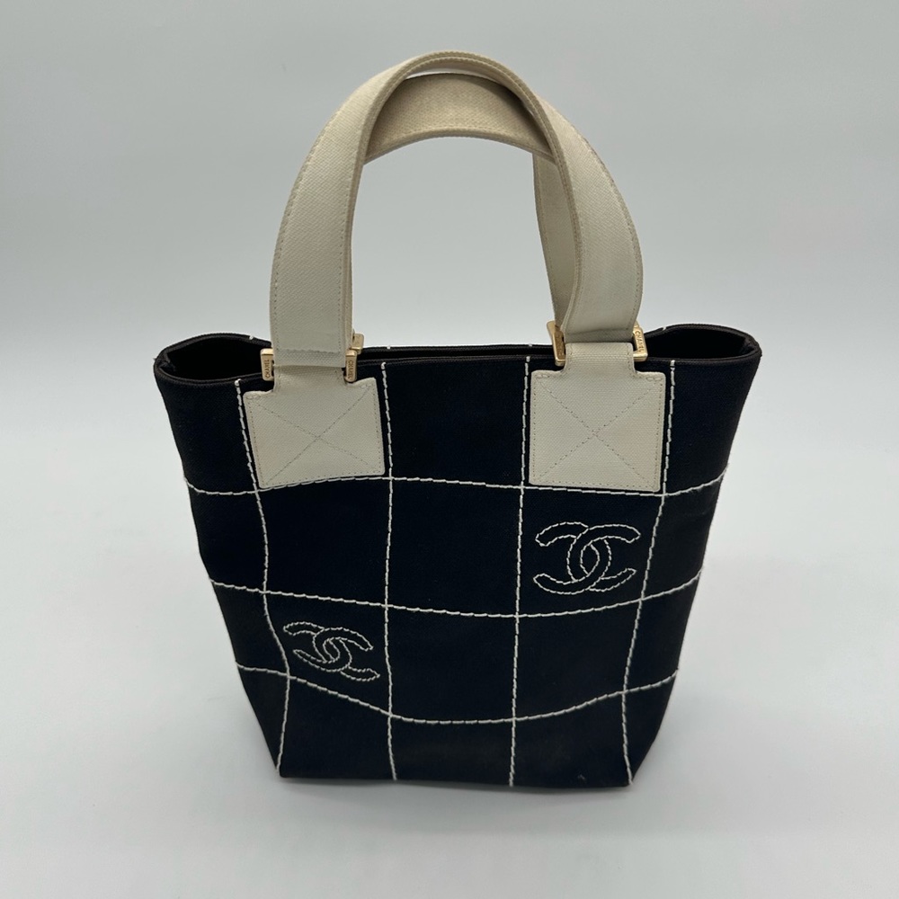 CHANEL Black and Cream Quilted Grid Canvas Tote